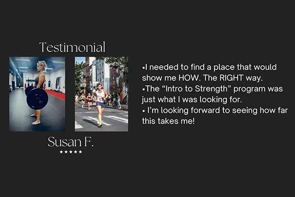 Susan F testimonial for CoreFit Training Studio